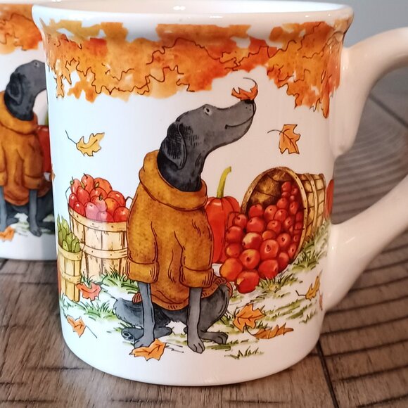 Sherri Buck Baldwin Two Mugs Dogs Sweaters Fall Leaves Certified International - Picture 2 of 15